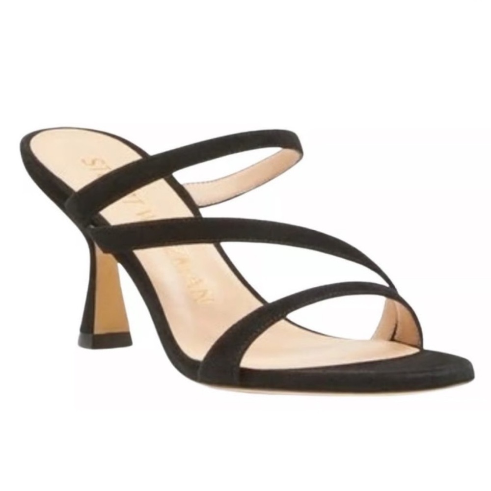 STUART WEITZMAN Parton 75 Black Suede Leather Sandals Sz 6 Kitten Heel
